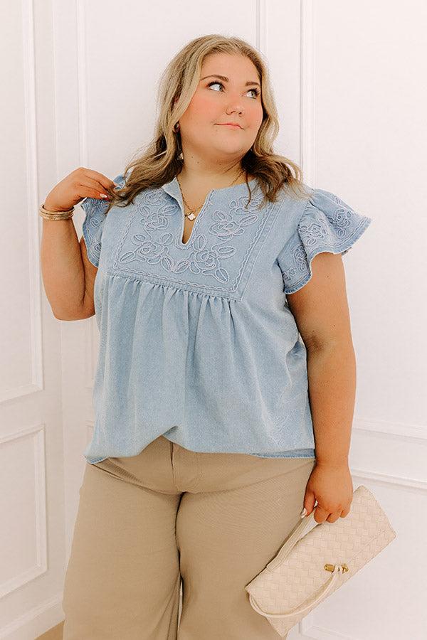 Farmers Market Cutie Embroidered Chambray Top in Light Wash Curves Product Image