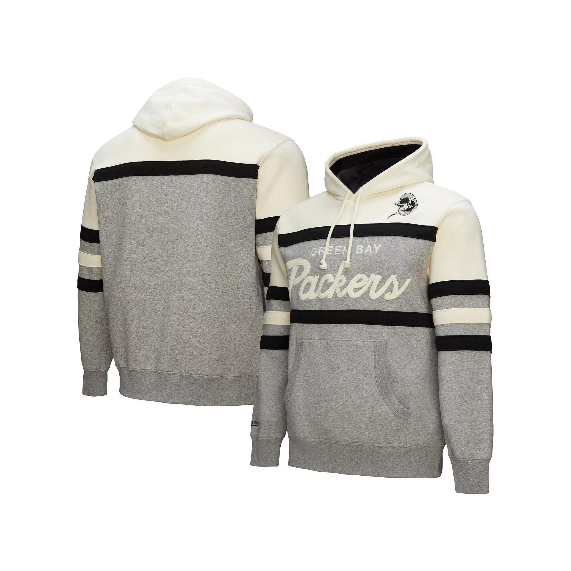 Mens Mitchell & Ness Heather Gray Green Bay Packers Head Coach Vintage Logo Pullover Hoodie Product Image