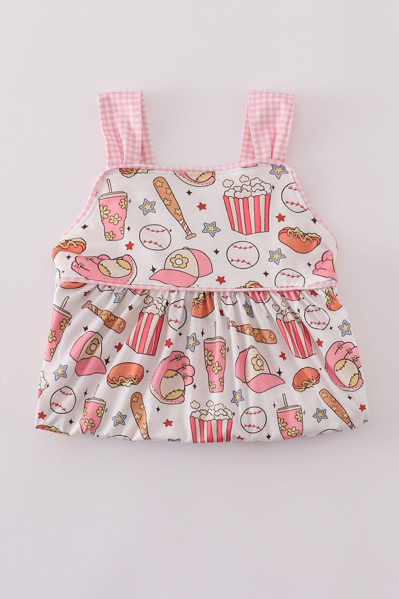 Pink baseball print gingham ruffle shorts set Product Image