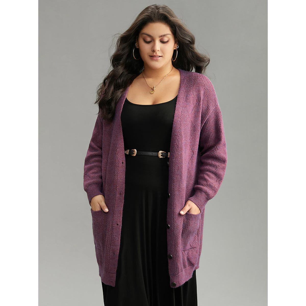 Plus Size Geometric Heather Pocket Button Up Cardigan Purple Women Casual Loose Long Sleeve Dailywear Cardigans BloomChic 10/M Product Image