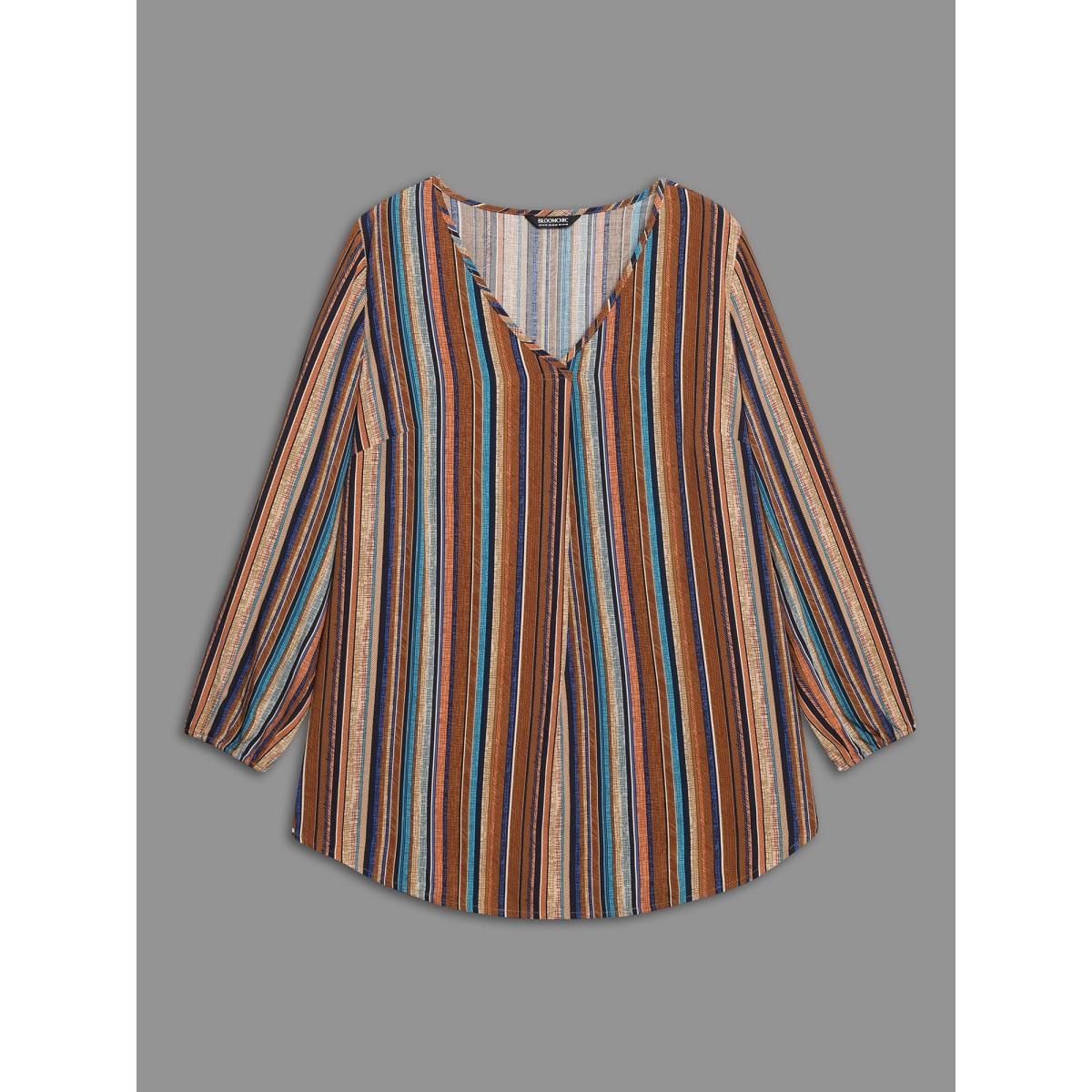 Plus Size Multicolor Contrast Striped Pocket Lantern Sleeve Blouse Women Elegant Extra Long Sleeve V-neck Everyday Blouses BloomChic 10/M Product Image
