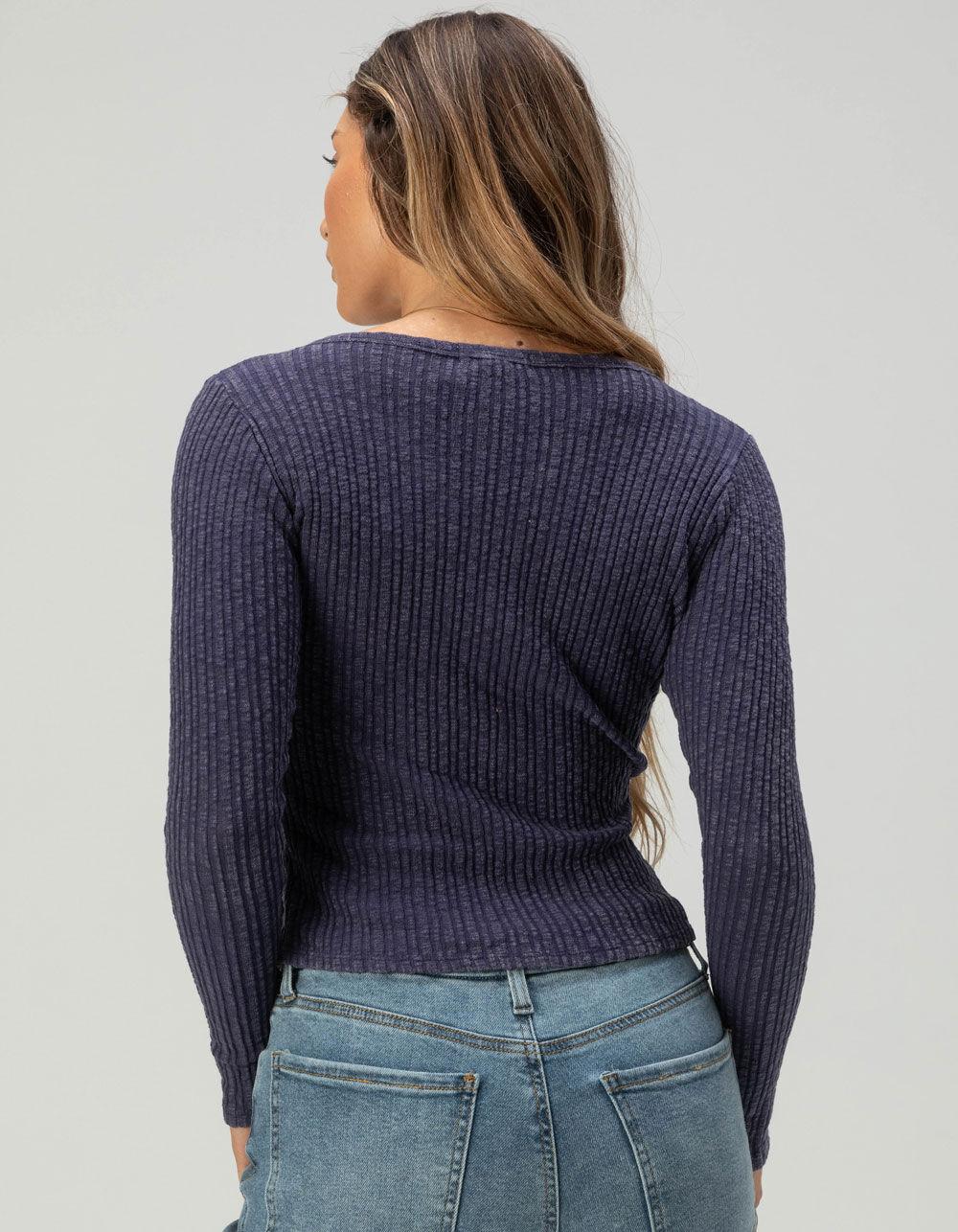 FULL TILT Womens Rib Long Sleeve Henley Top - NAVY Product Image
