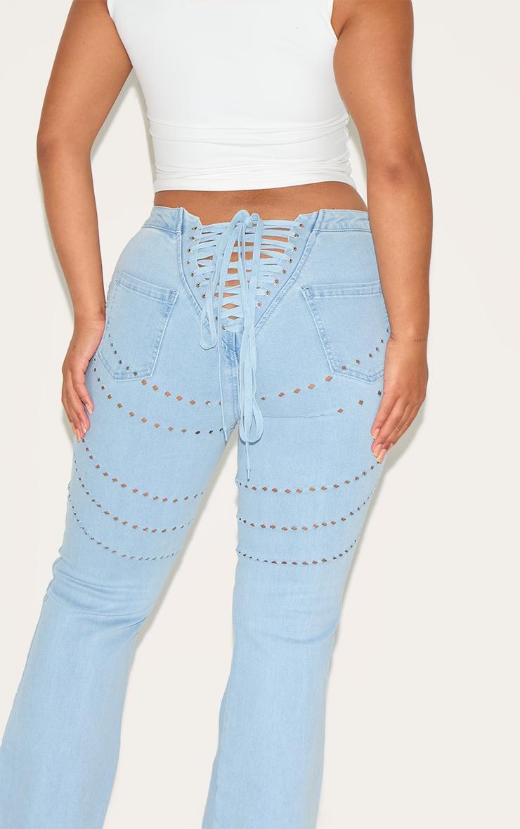 Shape Light Blue Wash Denim Lace Up Back Flare Jeans Product Image