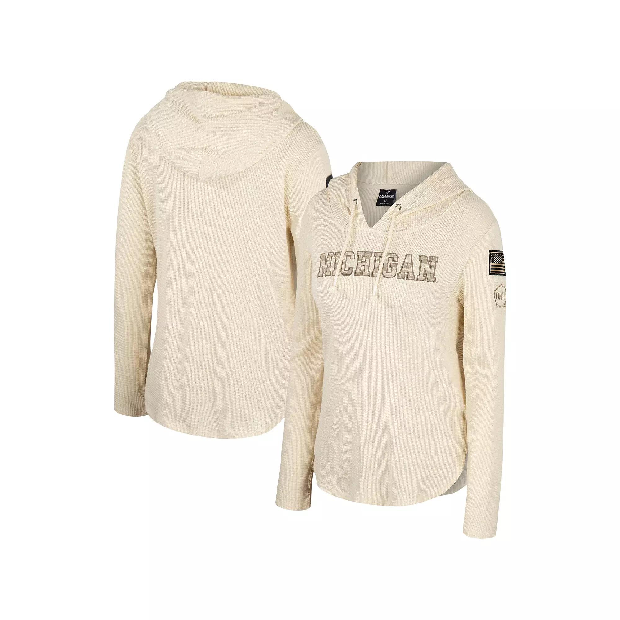 Women's Colosseum Cream Michigan Wolverines OHT Military Appreciation Casey Raglan Long Sleeve Hoodie T-Shirt, Size: 2XL, Beige Product Image