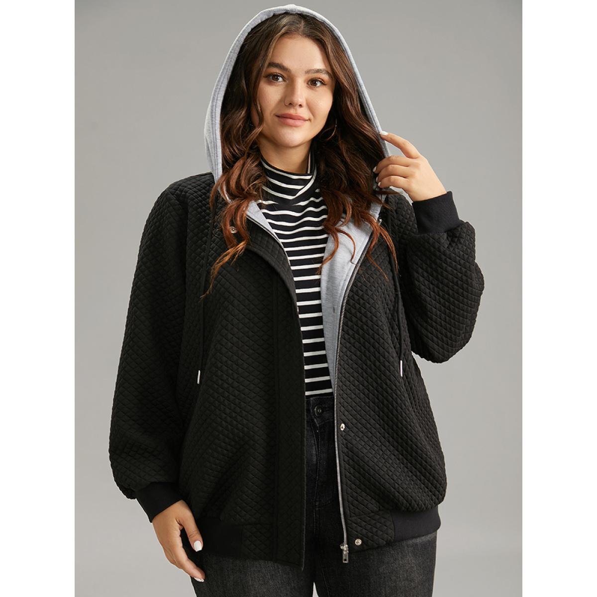 Plus Size Contrast Hooded Drawstring Pocket Zipper Fly Coat Women Black Rib Knit Pocket Dailywear Jackets BloomChic 22-24/3X Product Image