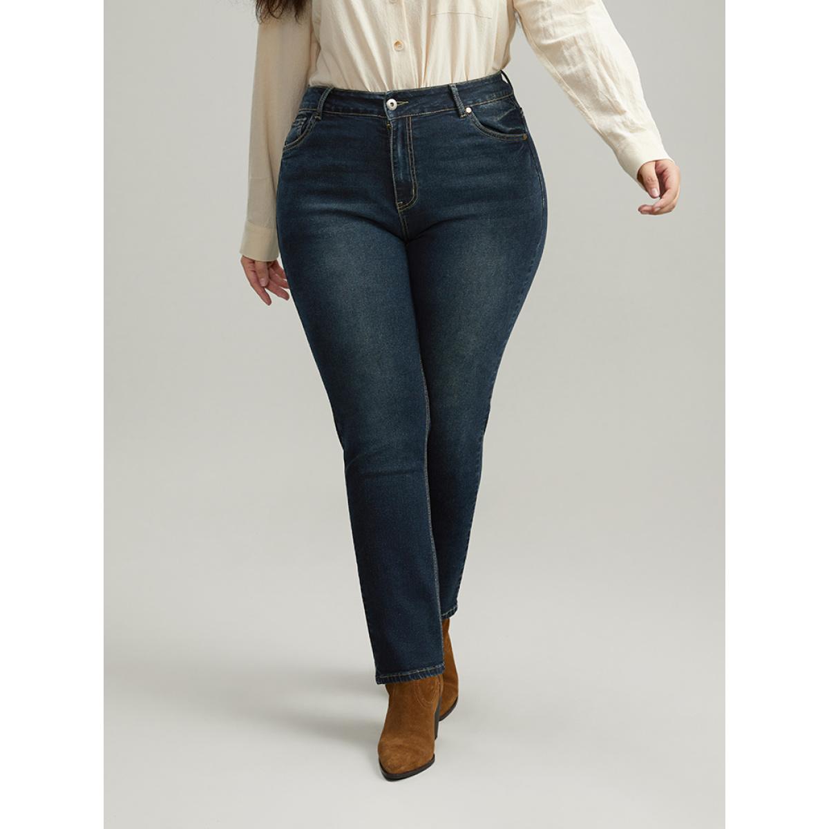 Plus Size Dark Wash Straight Leg High Rise Jeans Women Indigo Casual Plain Plain High stretch Pocket Jeans BloomChic 24/3X Product Image
