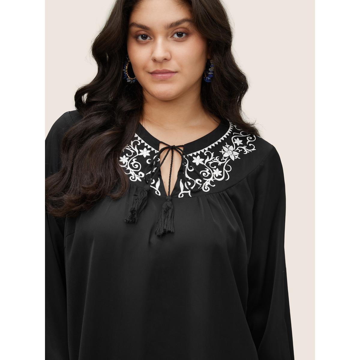 Plus Size Black Boho Print Tie Neck Tassels Lantern Sleeve Blouse Women Casual Long Sleeve Tie Neck Vacation Blouses BloomChic 28/5X Product Image