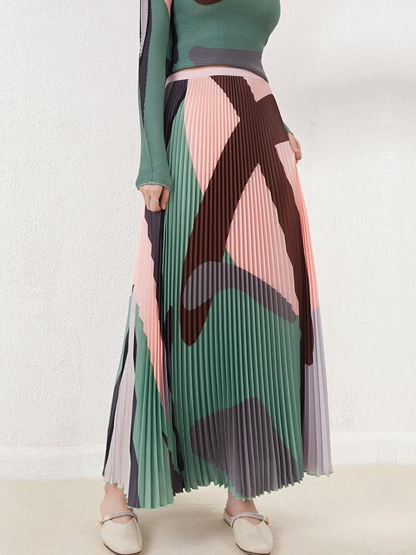 A-Line Loose Contrast Color Pleated Skirts Bottoms Product Image