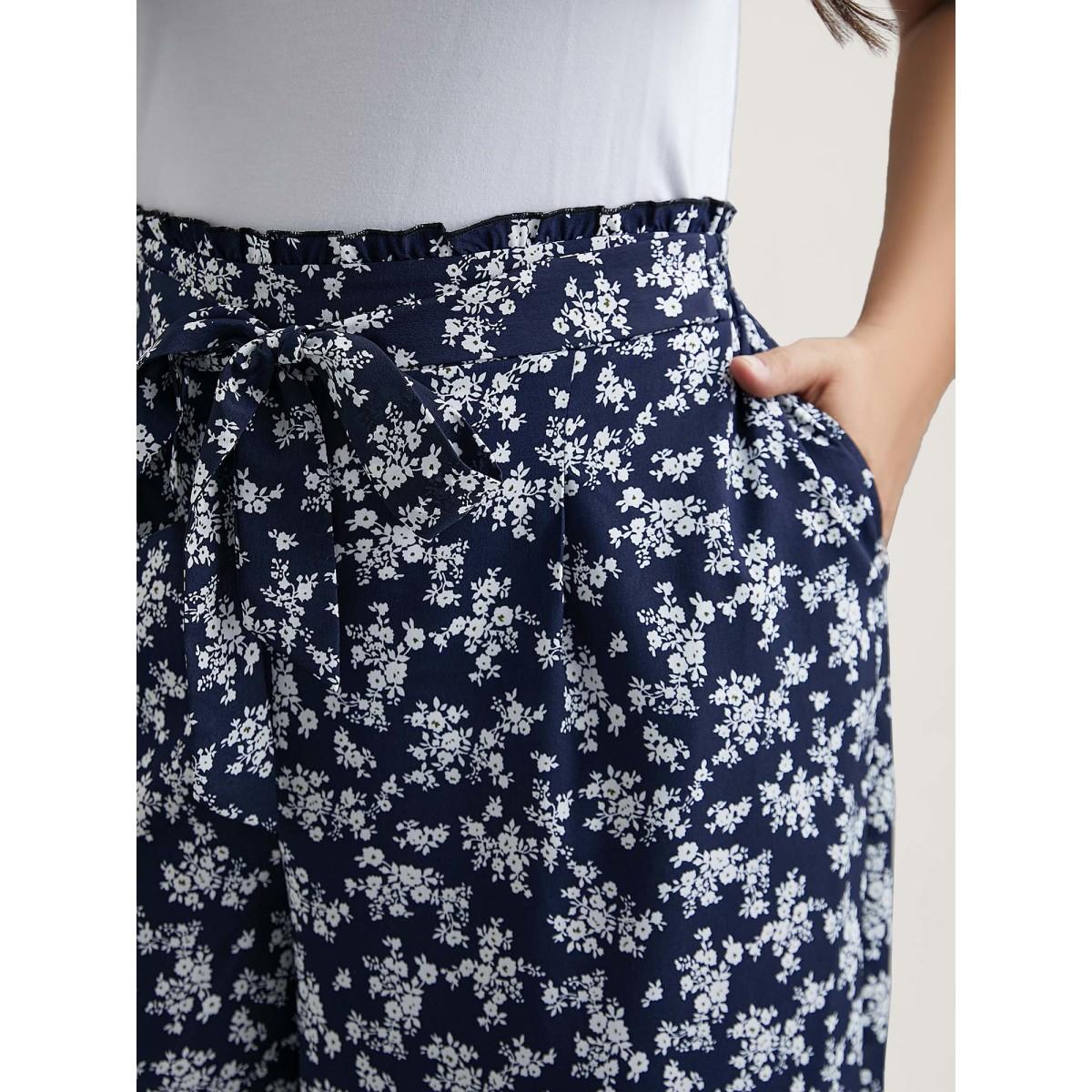 Plus Size Floral Print Waist Stretchy Wide Leg Pants Women Indigo Leisure Wide Leg Mid Rise Casual Pants BloomChic 10/M Product Image