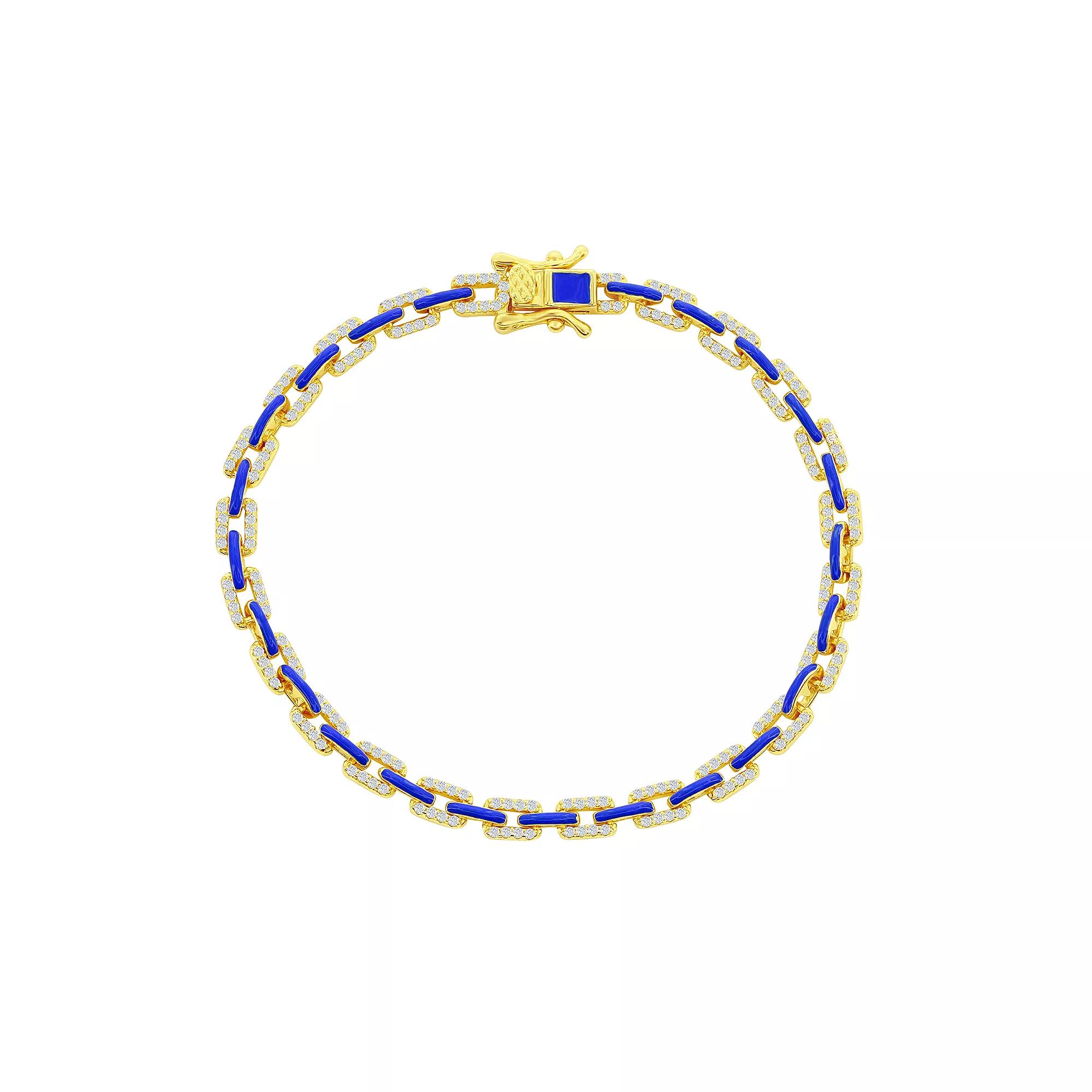 Argento Bella 14k Gold Over Silver Black Enamel & Cubic Zirconia Link Bracelet, Women's, Size: 7", Gold Tone Blue Product Image