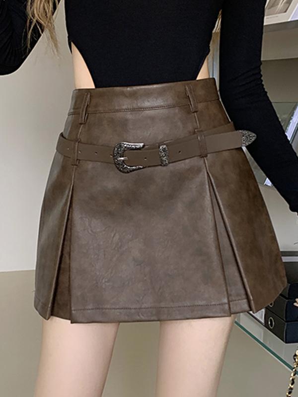 Vintage Leather Pleated A Line Mini Skirt Product Image