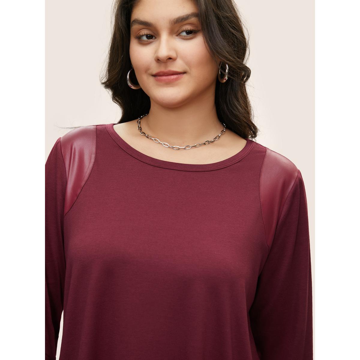 Plus Size Crew Neck Plain PU Leather T-shirt Burgundy Women Casual Patchwork Plain Round Neck Everyday T-shirts BloomChic 12/L Product Image