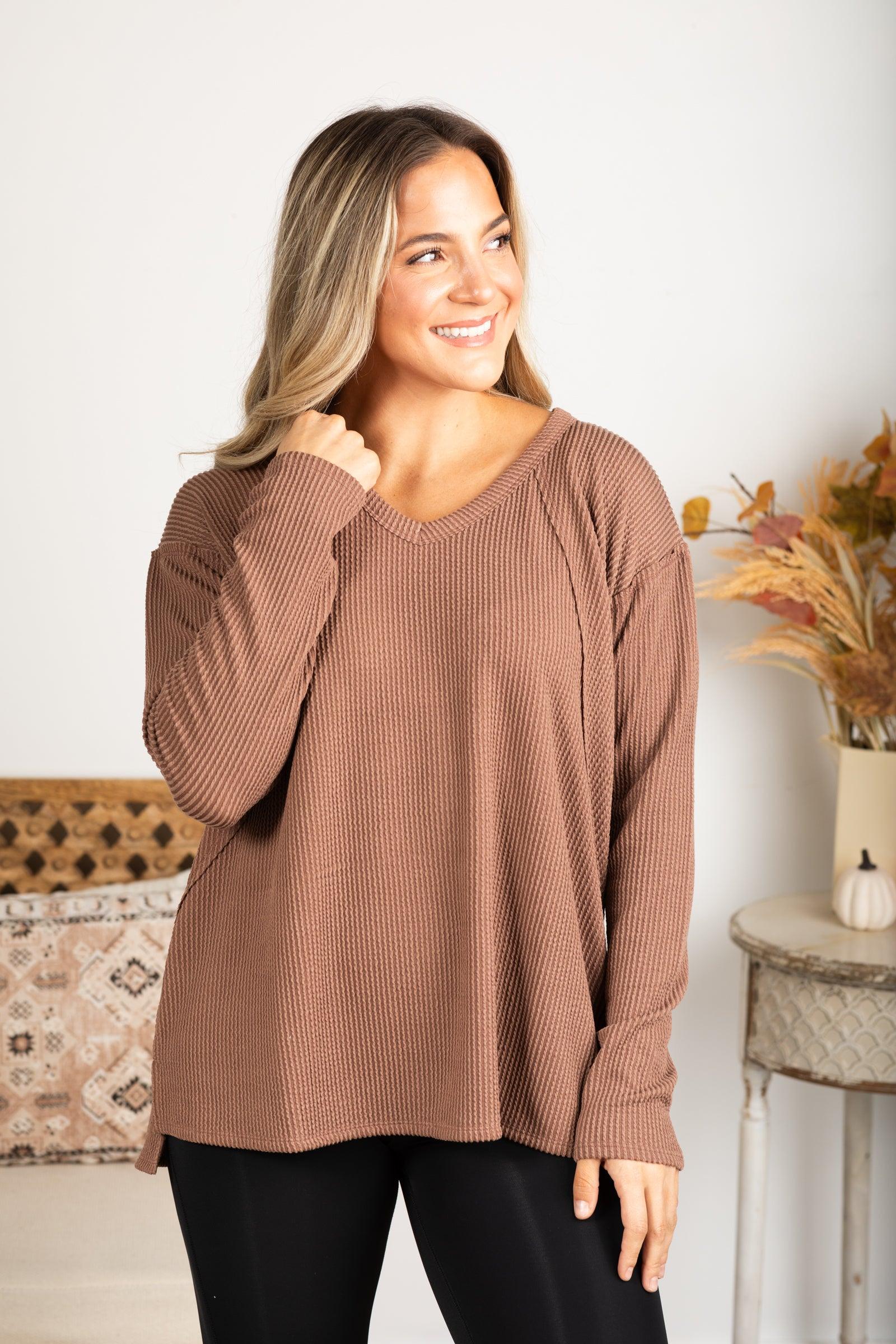 V-Neck Knit Ribbed Long Sleeve Top Product Image