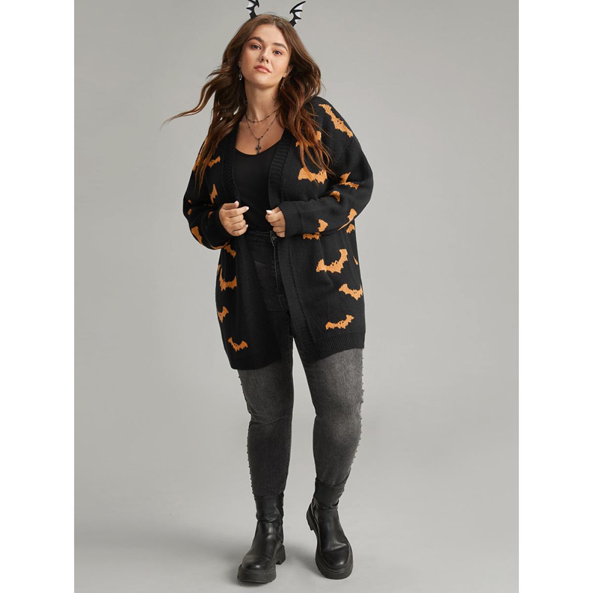 Plus Size Halloween Bat Graphic Open Front Cardigan Black Women Casual Loose Long Sleeve Festival-Halloween Cardigans BloomChic 22-24/3X Product Image