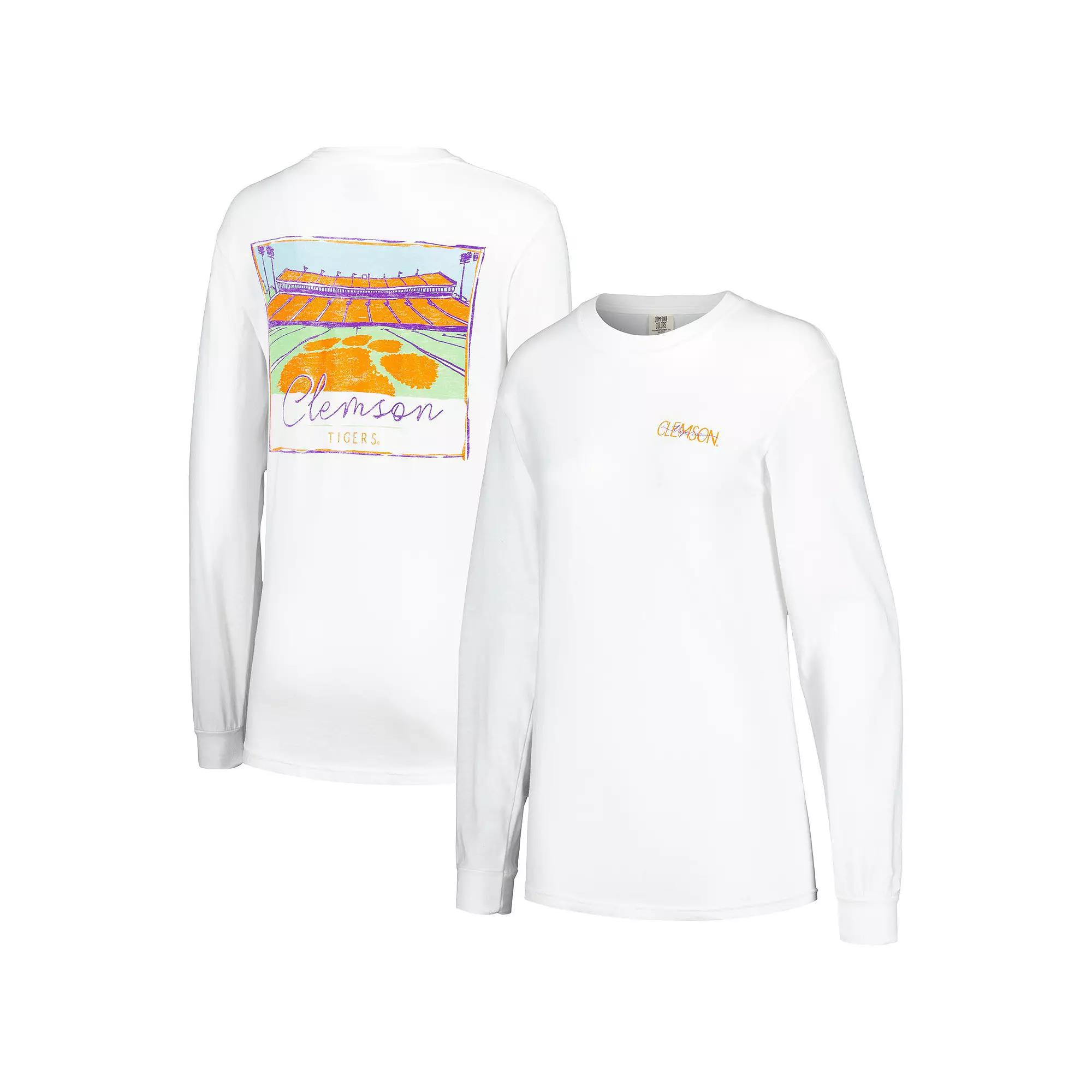 Women's White Clemson Tigers Hand-Drawn Stadium Comfort Colors Over Product Image