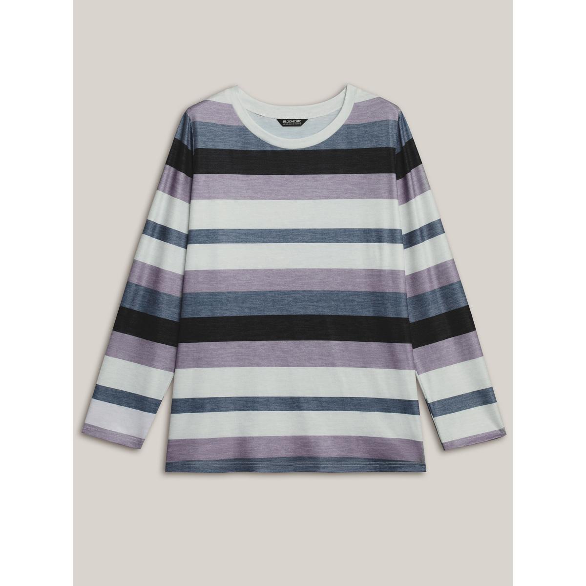 Plus Size Multi-Color Stripes Stretchy T-Shirt Multicolor Women Casual Contrast Round Neck Everyday T-shirts BloomChic 28/5X Product Image