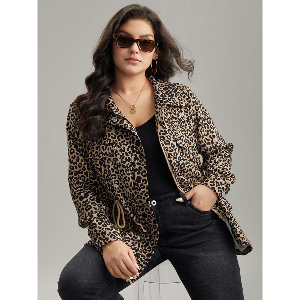 Plus Size Leopard Zipper Drawstring Knot Pocket Jacket Women LightBrown Contrast Pocket Dailywear Jackets BloomChic 22-24/3X Product Image