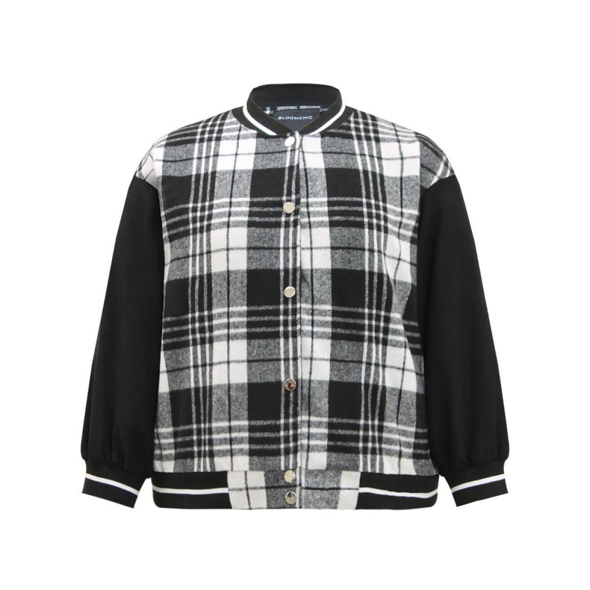 Plus Size Plaid Button Through Pocket Baseball Collar Bomber Jacket Women Black Elastic cuffs Pocket Dailywear Jackets BloomChic 12/L Product Image
