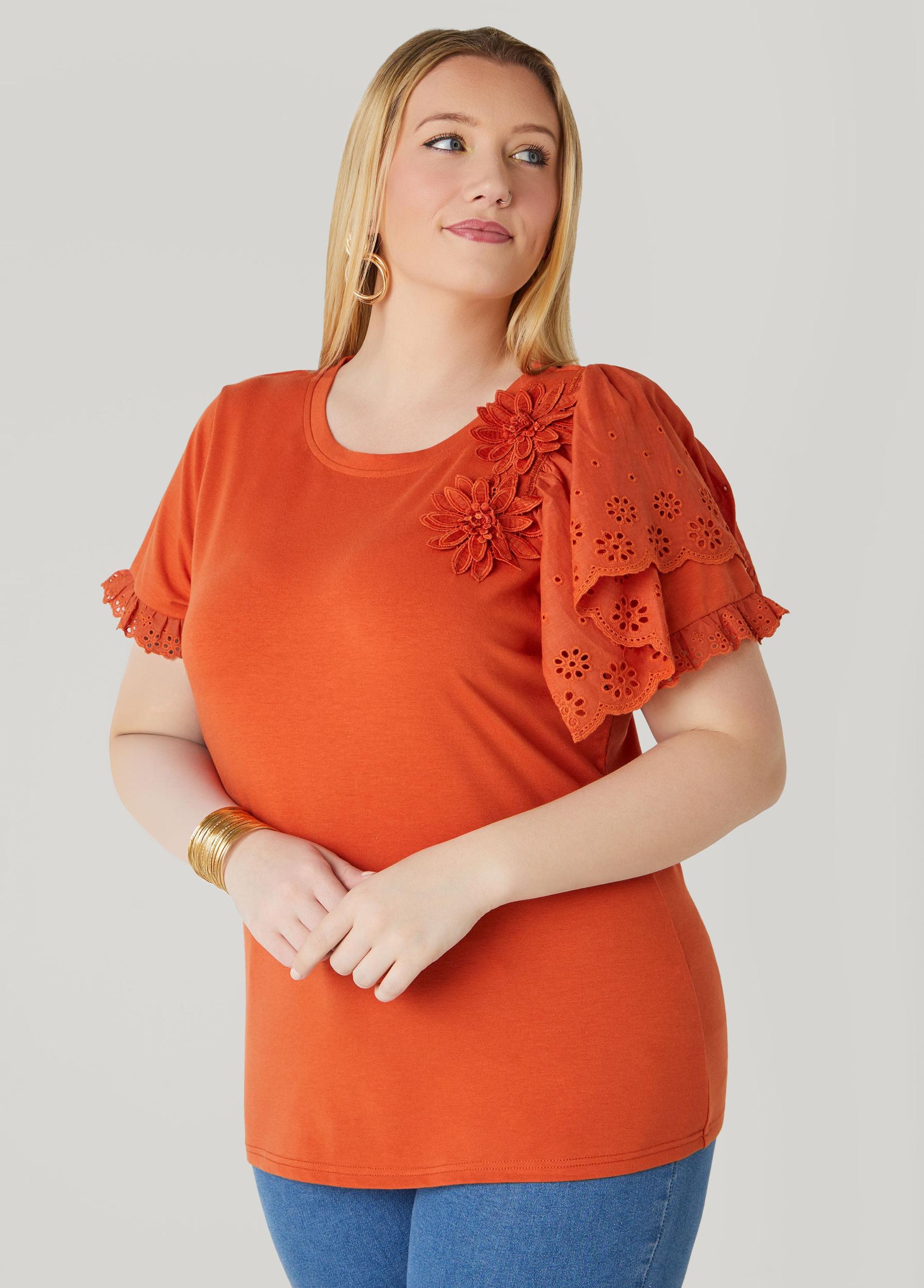 Plus Size Floral Applique Poplin Paneled Tee Ashley Stewart Product Image