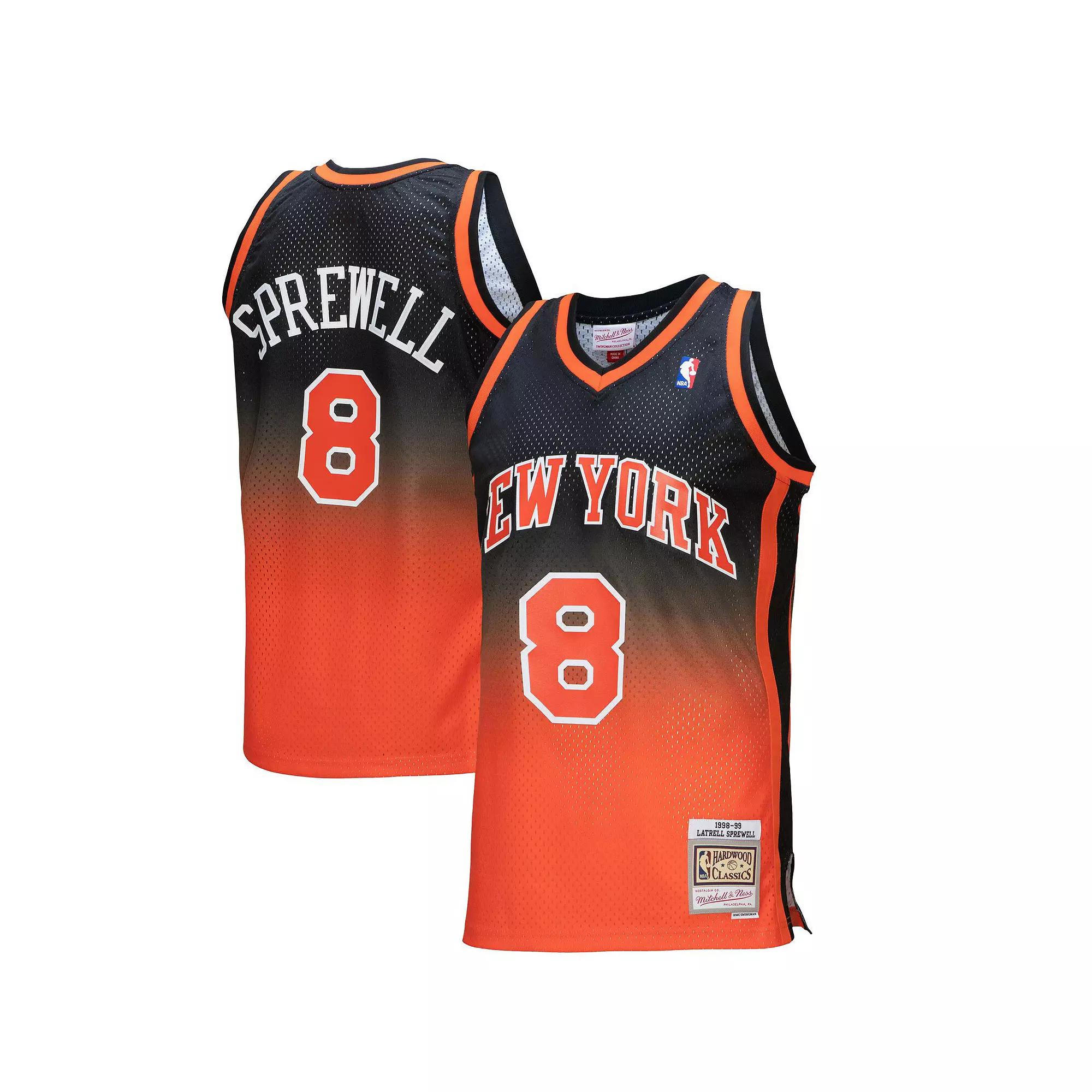 Men's Mitchell & Ness Latrell Sprewell Orange/Black New York Knicks 1998/99 Hardwood Classics Fadeaway Swingman Player Jersey,  Product Image