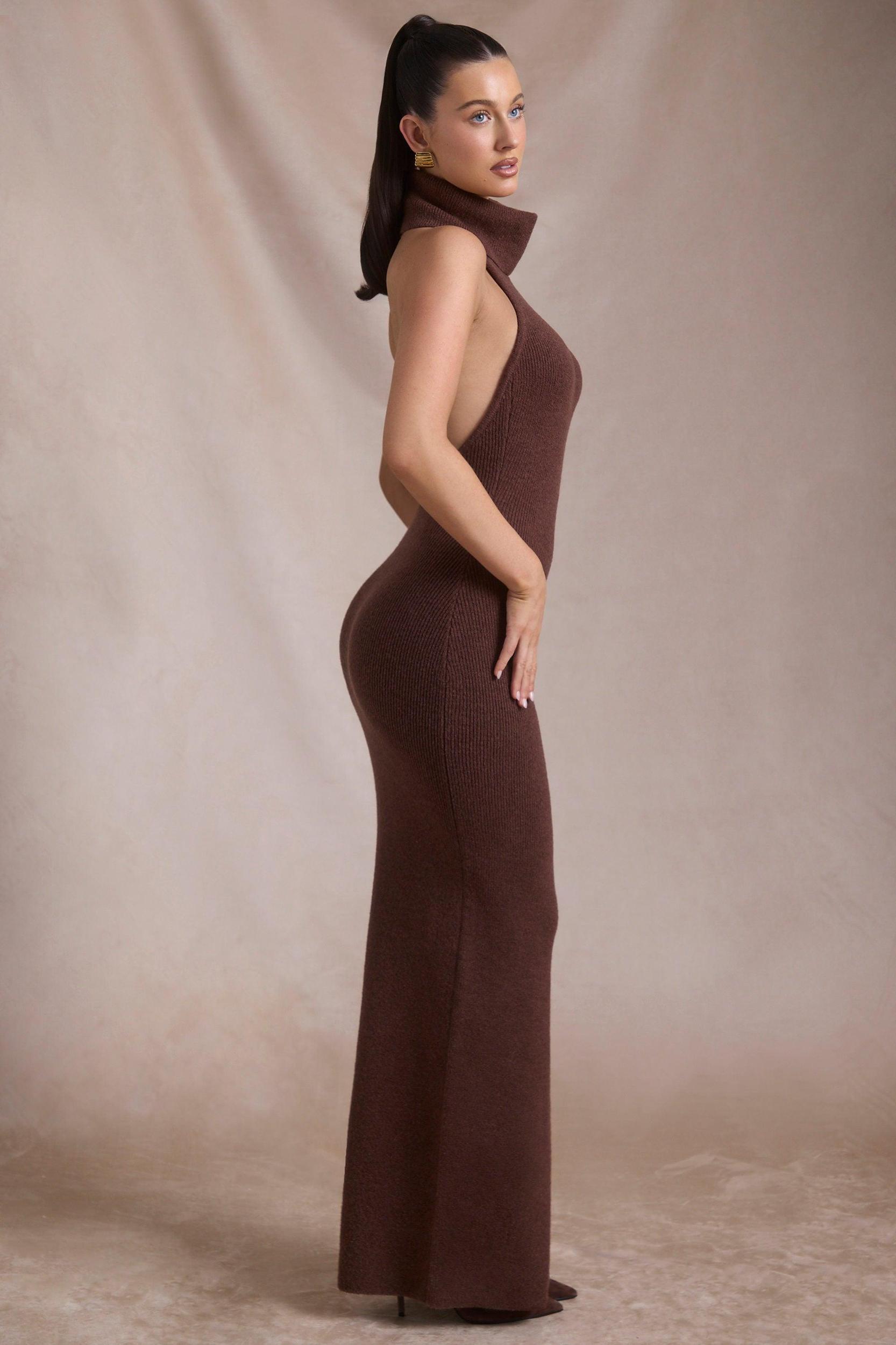 Ribbed-Knit Turtleneck Backless Maxi Dress in Espresso Product Image