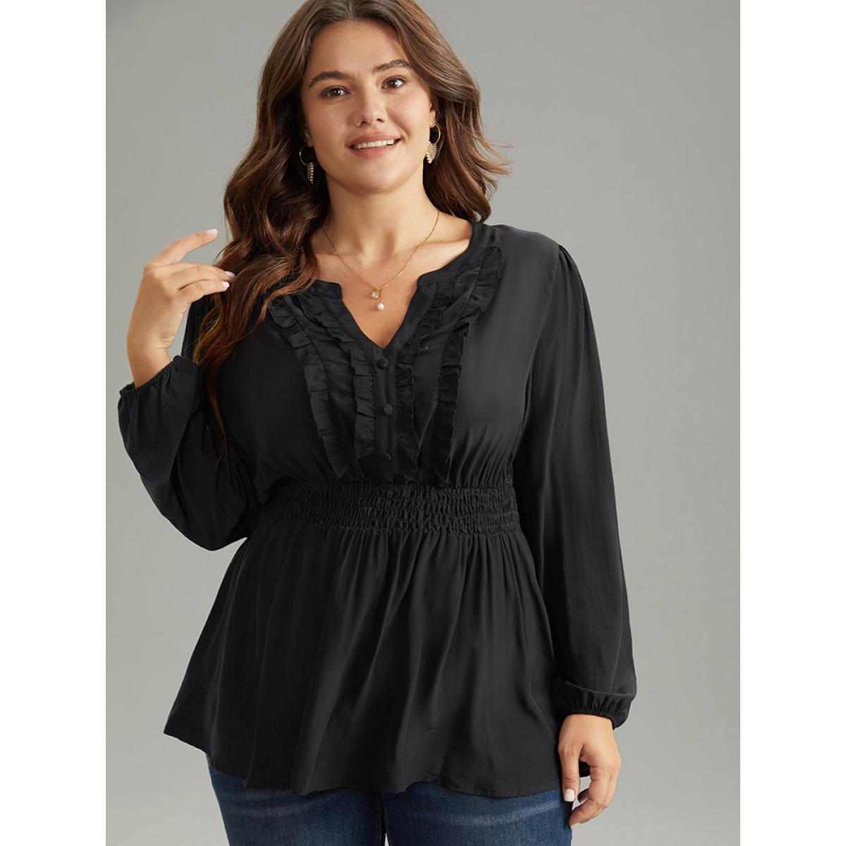 Plus Size Black Solid Frill Trim Shirred Flutter Hem Blouse Women Elegant Long Sleeve Notched collar Dailywear Blouses BloomChic 30/6X Product Image