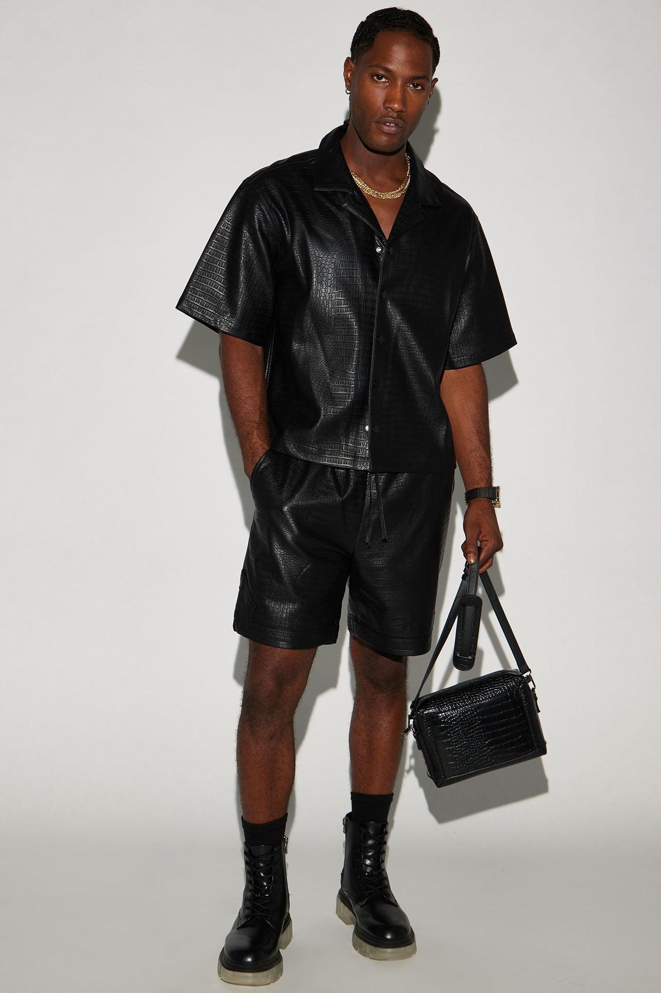 Gotta Run Faux Croc Leather Cropped Button Up Shirt - Black Product Image