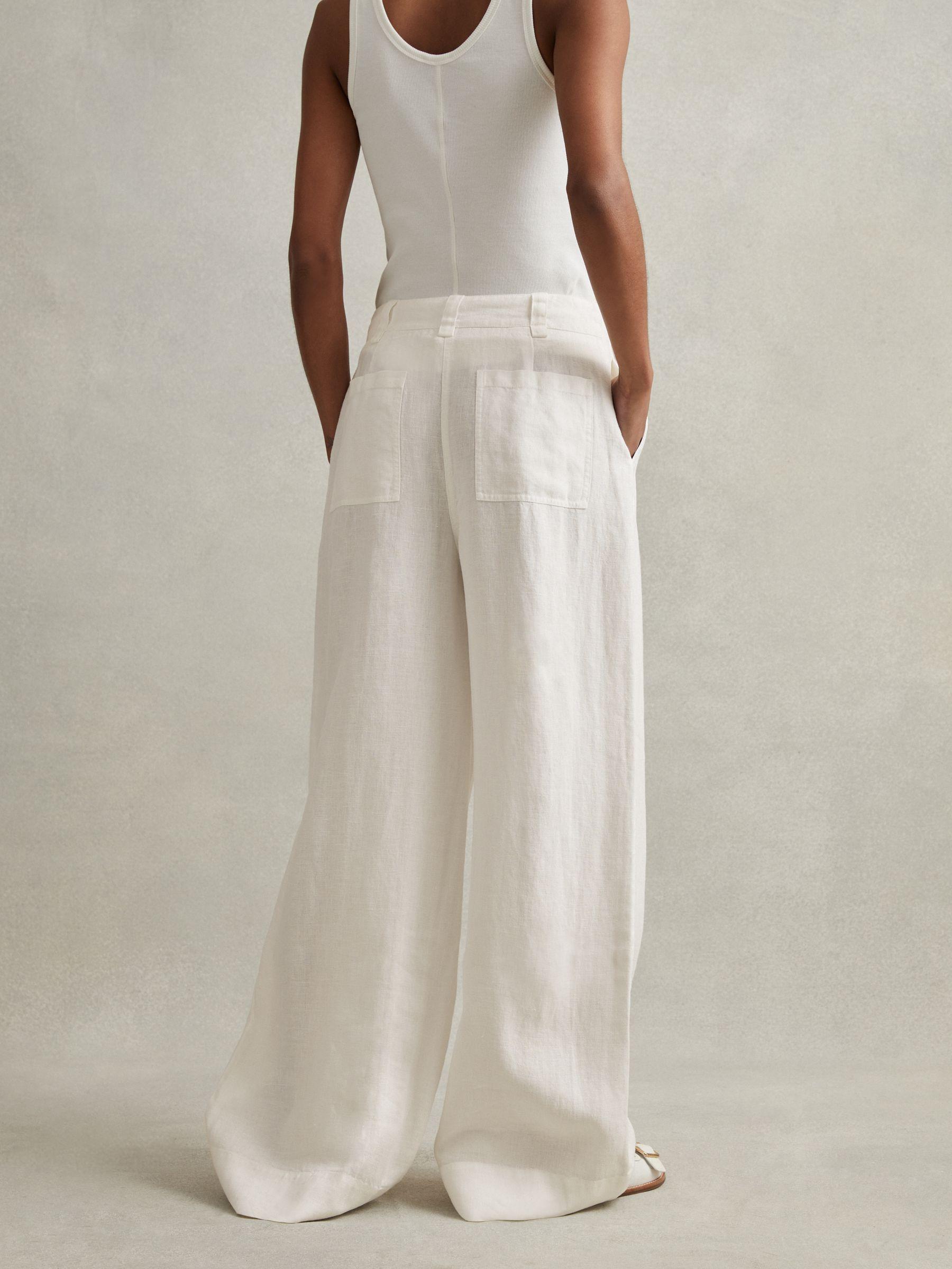 Linen Wide Leg Garment Dyed Trousers in White Product Image