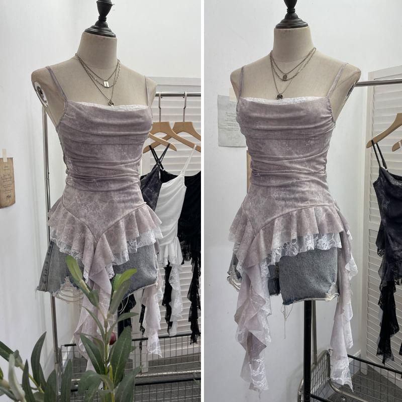 Asymmetrical Ruffle Trim Lace Panel Mesh Slim Fit Camisole Top Product Image