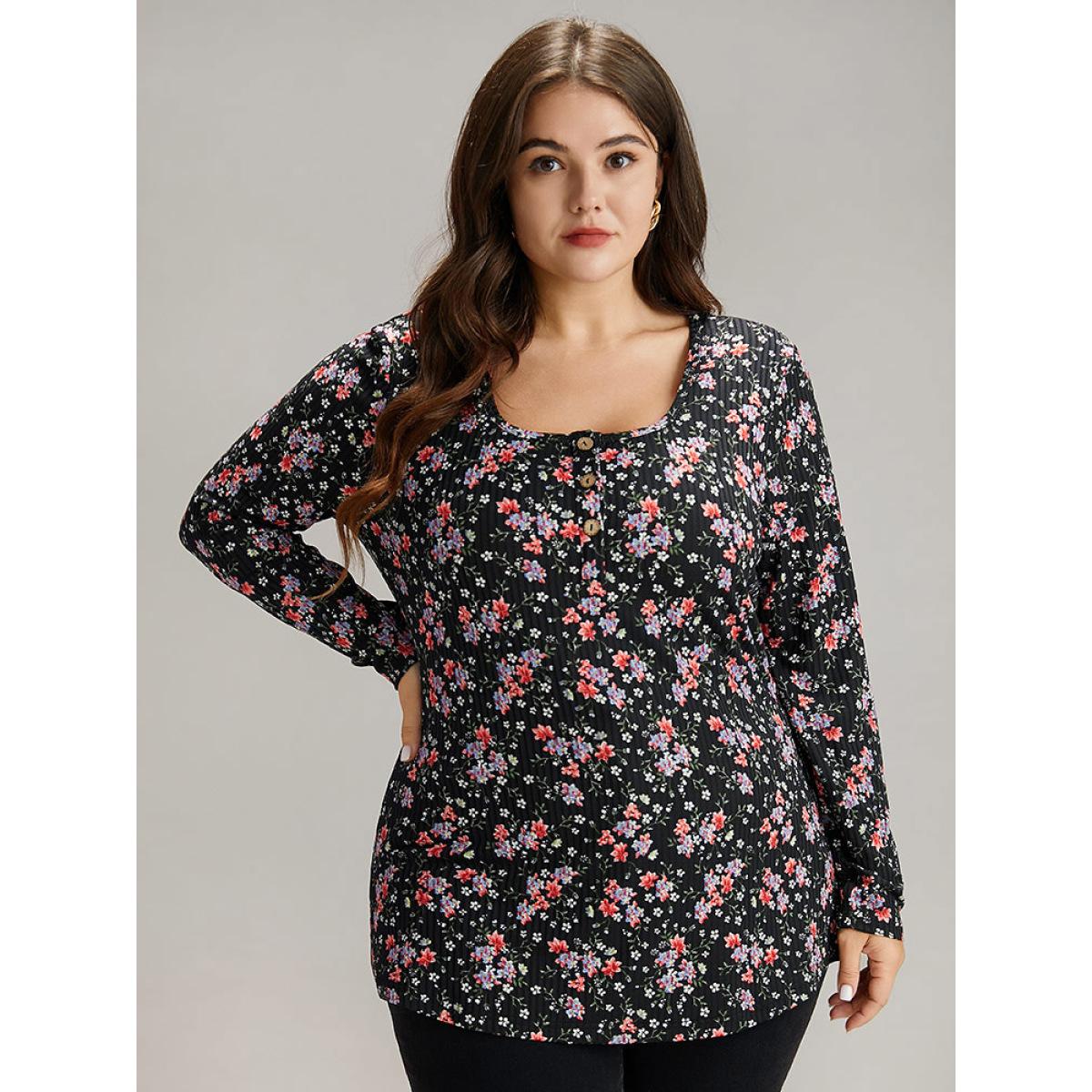 Plus Size Ditsy Floral Square Neck Button Up T-shirt Black Women Elegant Printed Ditsy Floral Square Neck Everyday T-shirts BloomChic 14-16/1X Product Image