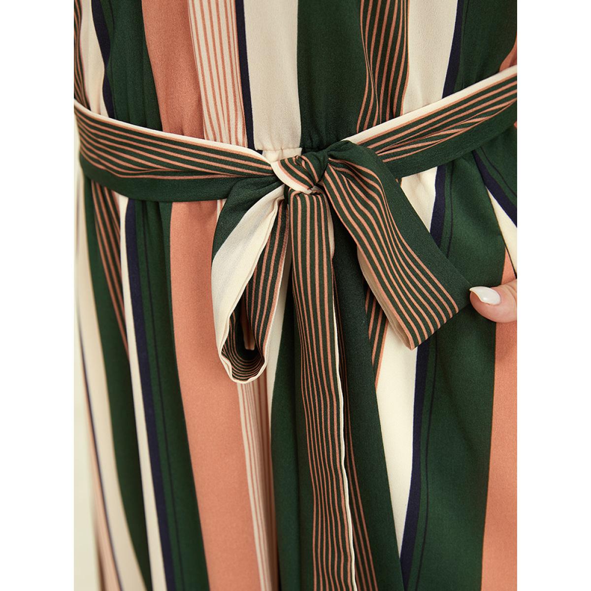 Plus Size Striped Contrast Pocket Belt Arc Hem Zip Up Dress Multicolor Women Office Contrast V-neck Short sleeve Curvy Midi Dress BloomChic 22-24/3X Product Image