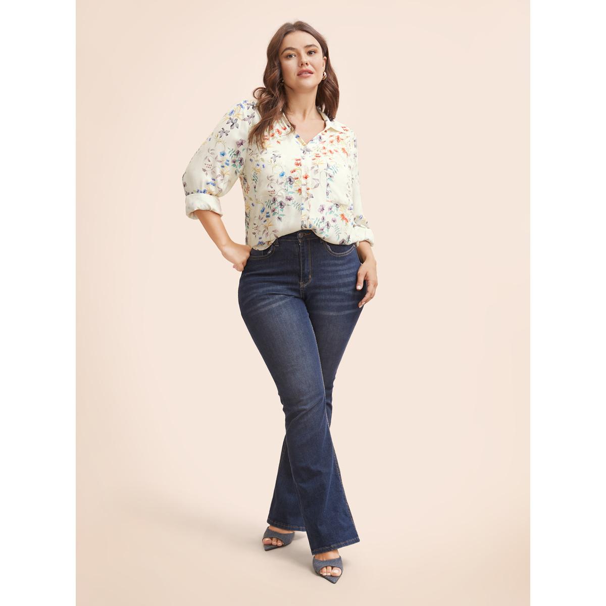 Plus Size Originalwhite Shirt Collar Floral Patched Pocket Blouse Women Elegant Long Sleeve Shirt collar Everyday Blouses BloomChic 30/6X Product Image