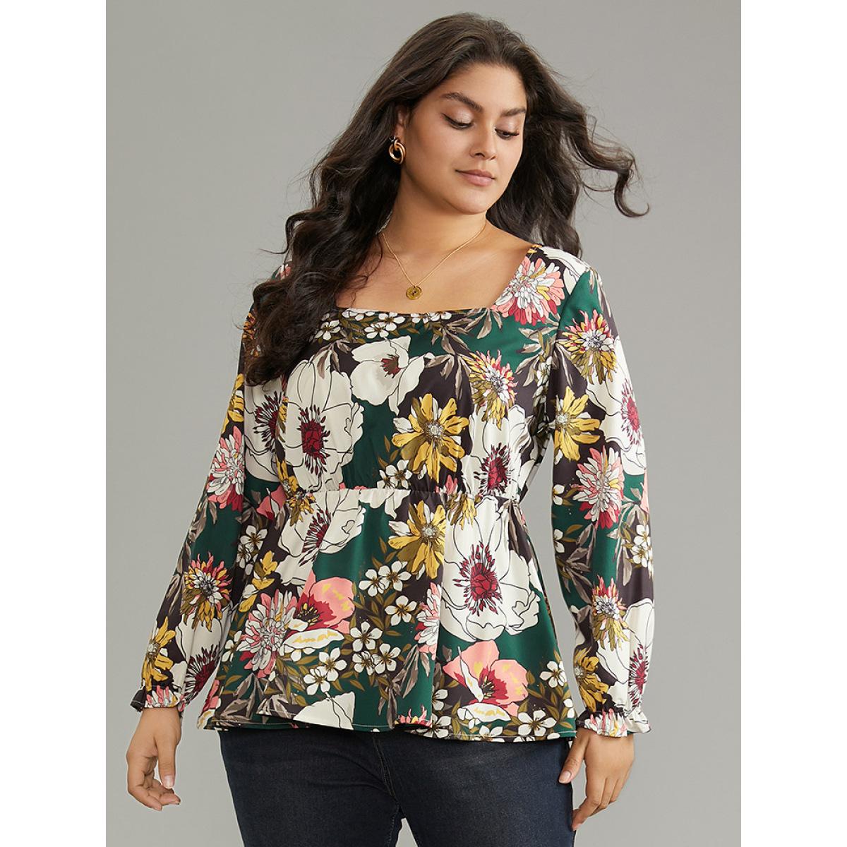 Plus Size DarkGreen Floral Square Neck Gathered Lantern Sleeve Blouse Women Elegant Long Sleeve Square Neck Vacation Blouses BloomChic 26/4X Product Image