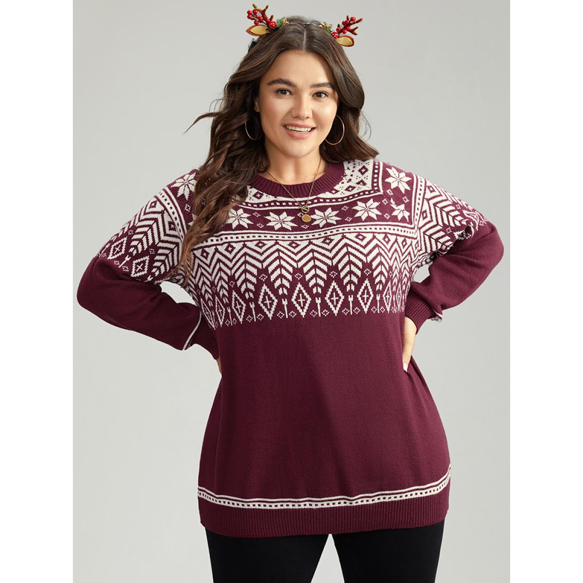 Plus Size Supersoft Essentials Christmas Graphic Elastic Cuffs Cardigan Burgundy Women Casual Loose Long Sleeve Dailywear Cardigans BloomChic 26/4X Product Image