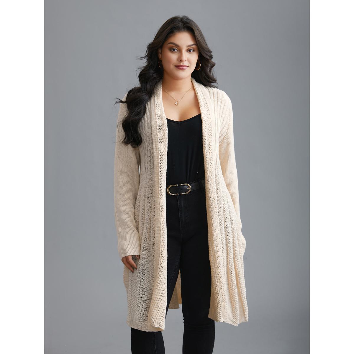 Plus Size Plain Textured Kimono Collar Cardigan Apricot Women Timeless Loose Long Sleeve Elegant Cardigans BloomChic 28/5X Product Image