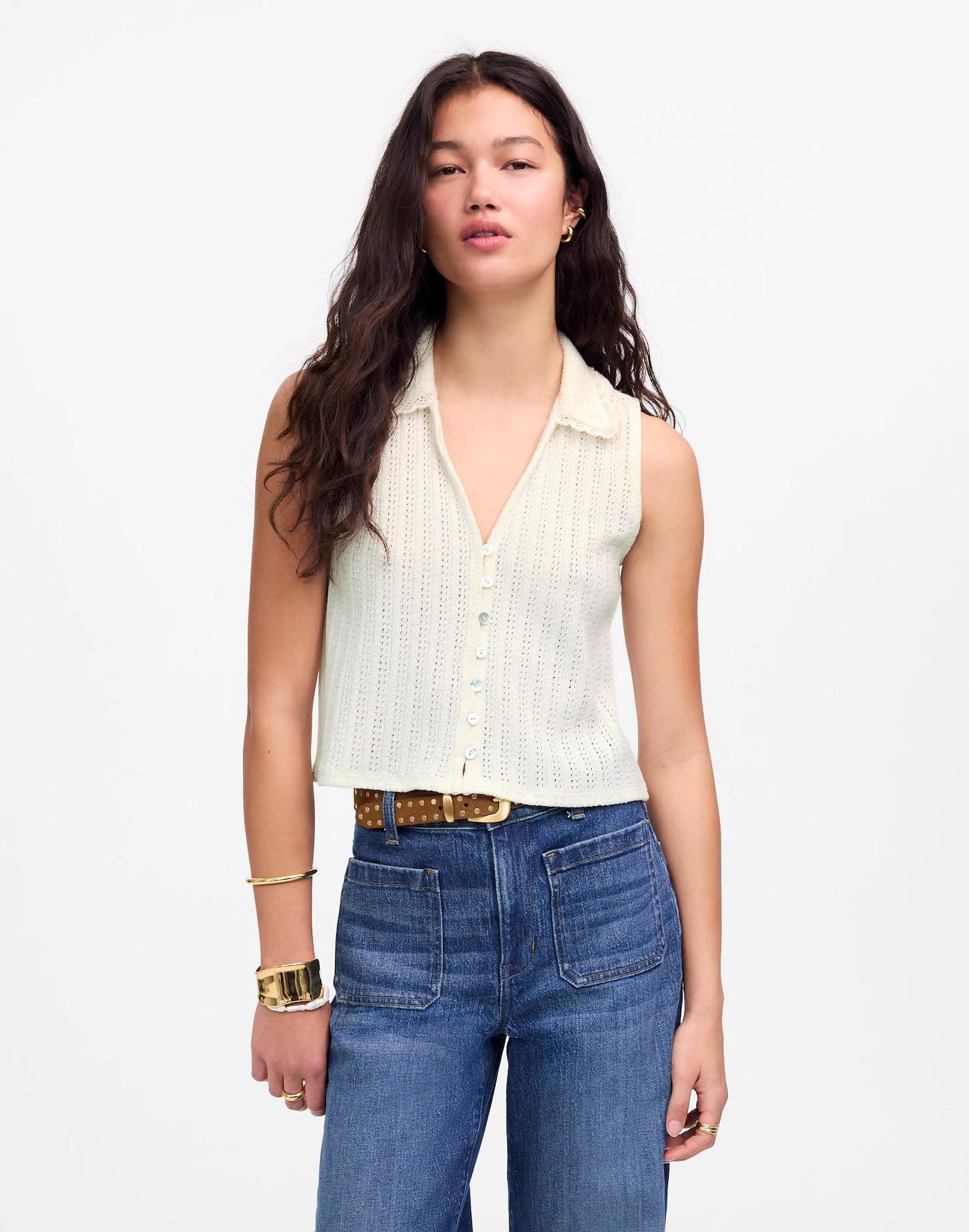 Crochet-Knit V-Neck Sweater Vest Product Image