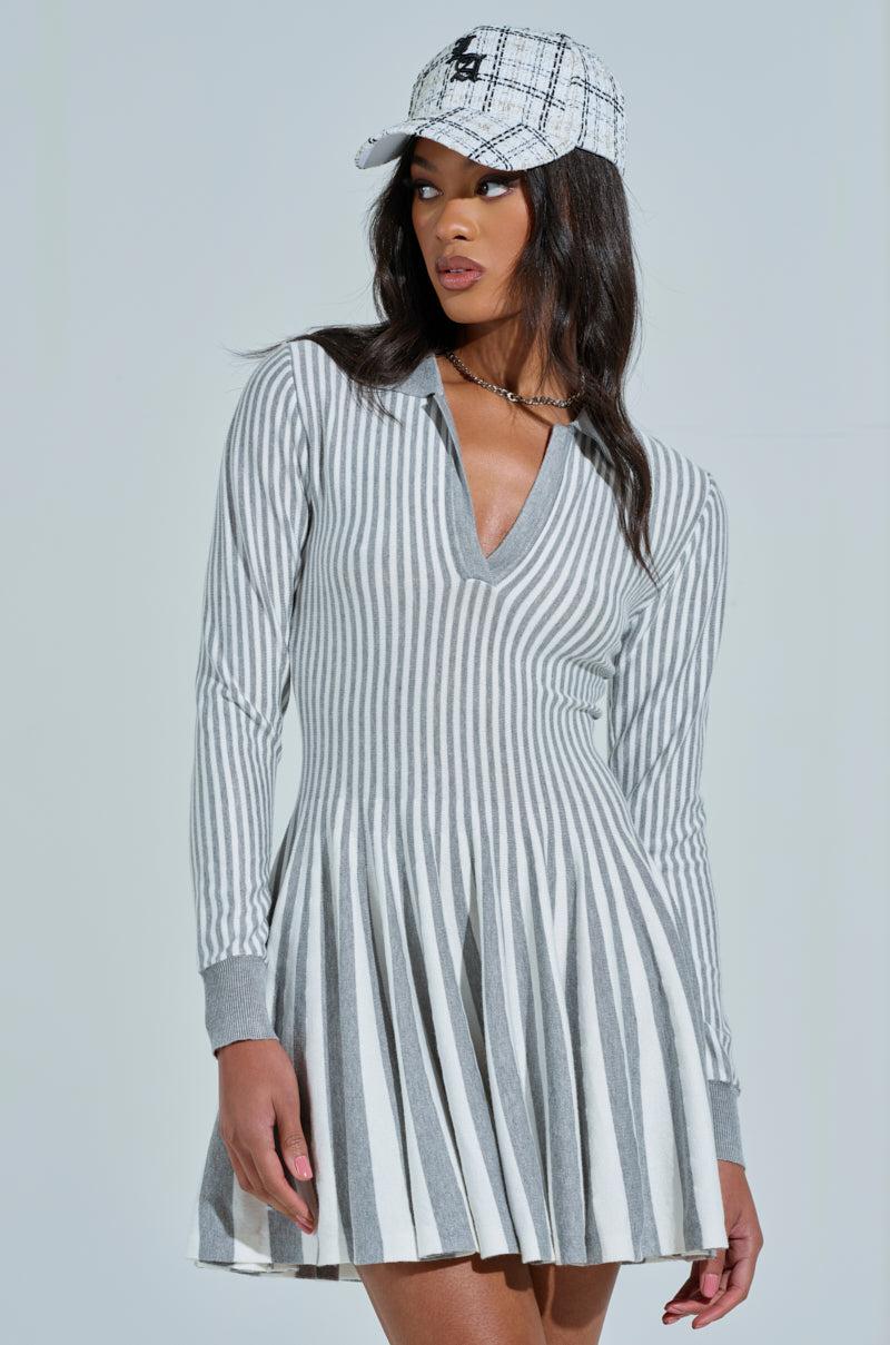 ALINA PLEATED KNIT FIT AND FLARE MINI DRESS WITH LONG SLEEVES IN GREY MULTI Product Image