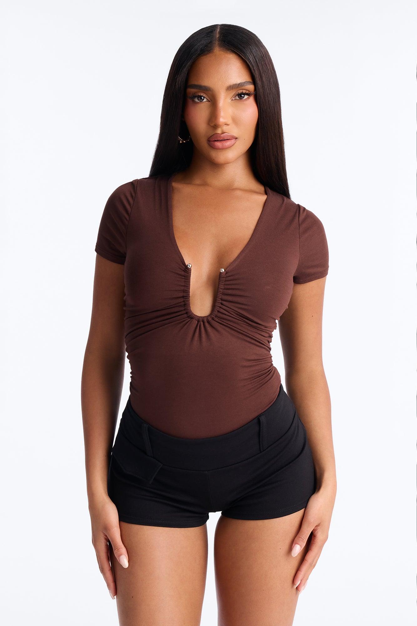 Danielle Deep V Neck Short Sleeve Bodysuit - Brown Female Product Image