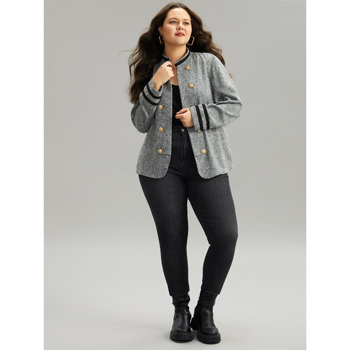 Plus Size Textured Metal Detail Contrast Trim Coat Women DimGray Elegant Texture Ladies Everyday Winter Coats BloomChic 28/5X Product Image