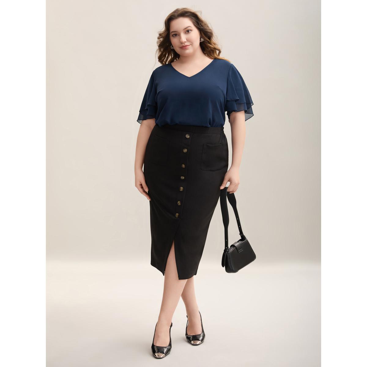 Plus Size Indigo Chiffon Layered Sleeve Solid Blouse Women At the Office Short sleeve V-neck Work Blouses BloomChic 26/4X Product Image