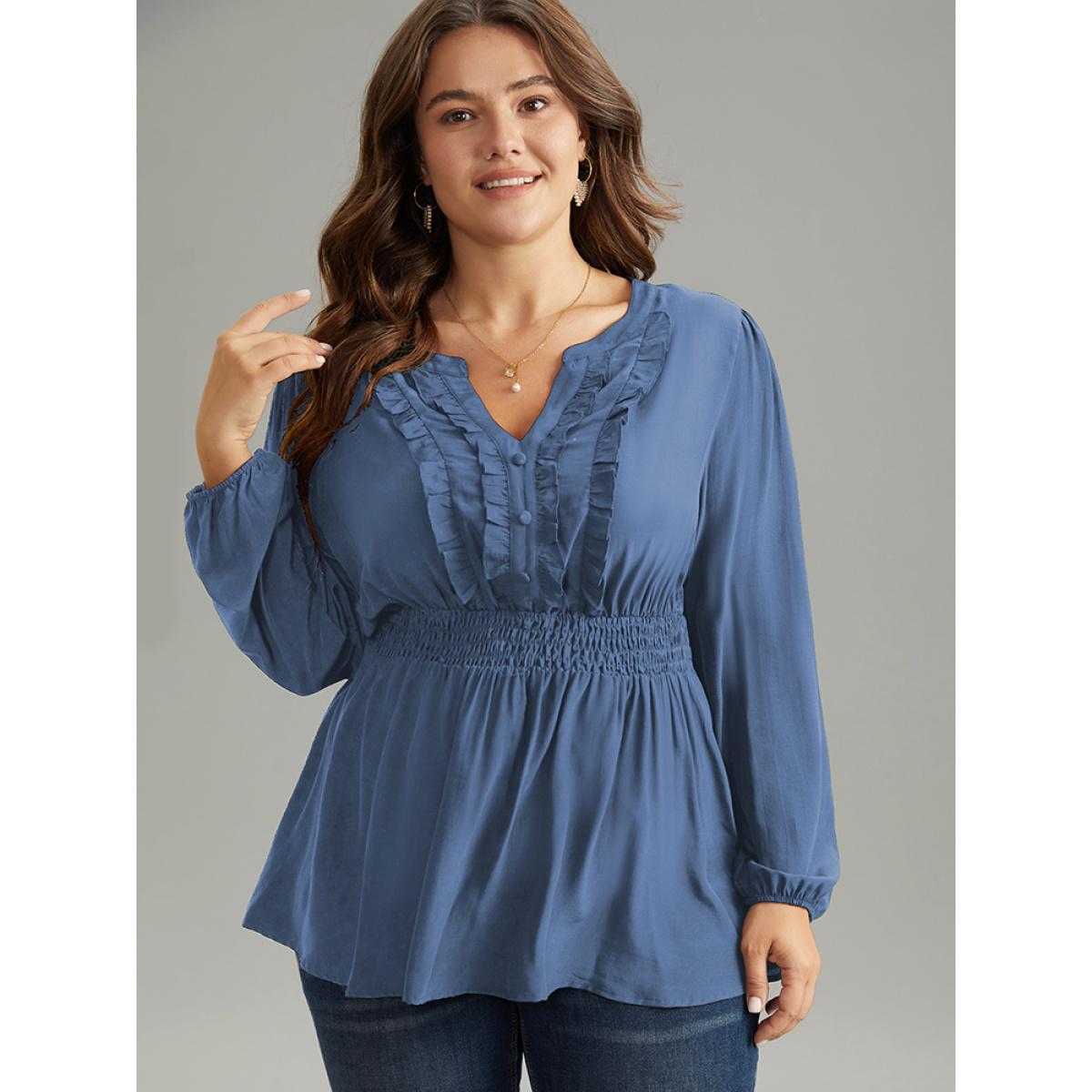 Plus Size Aegean Solid Frill Trim Shirred Flutter Hem Blouse Women Elegant Long Sleeve Notched collar Dailywear Blouses BloomChic 14-16/1X Product Image