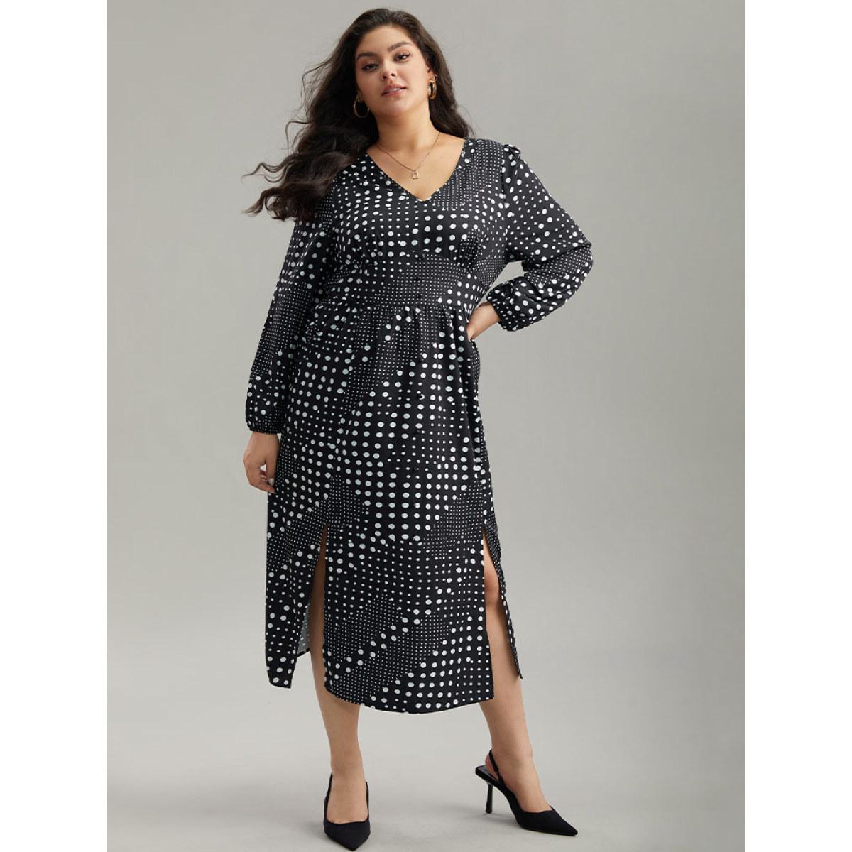 Plus Size Polka Dot Elastic Waist Split Hem Dress Black Women At the Office Pleated V-neck Long Sleeve Curvy Midi Dress BloomChic 30/6X Product Image