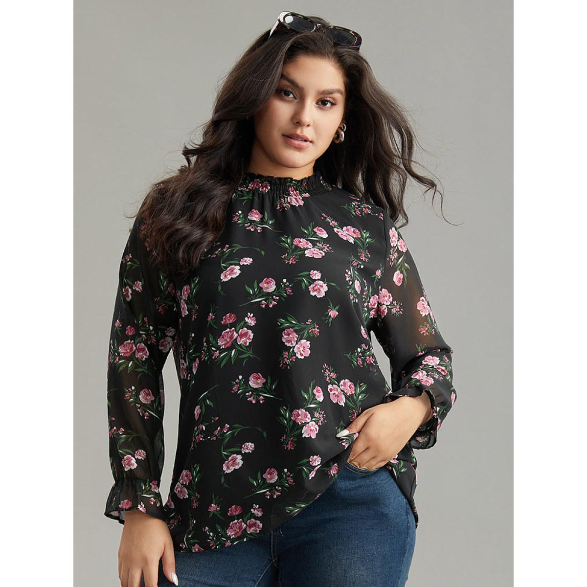 Plus Size Black Chiffon Floral Frill Trim Mesh Patchwork Blouse Women Elegant Long Sleeve Round Neck Dailywear Blouses BloomChic 22-24/3X Product Image