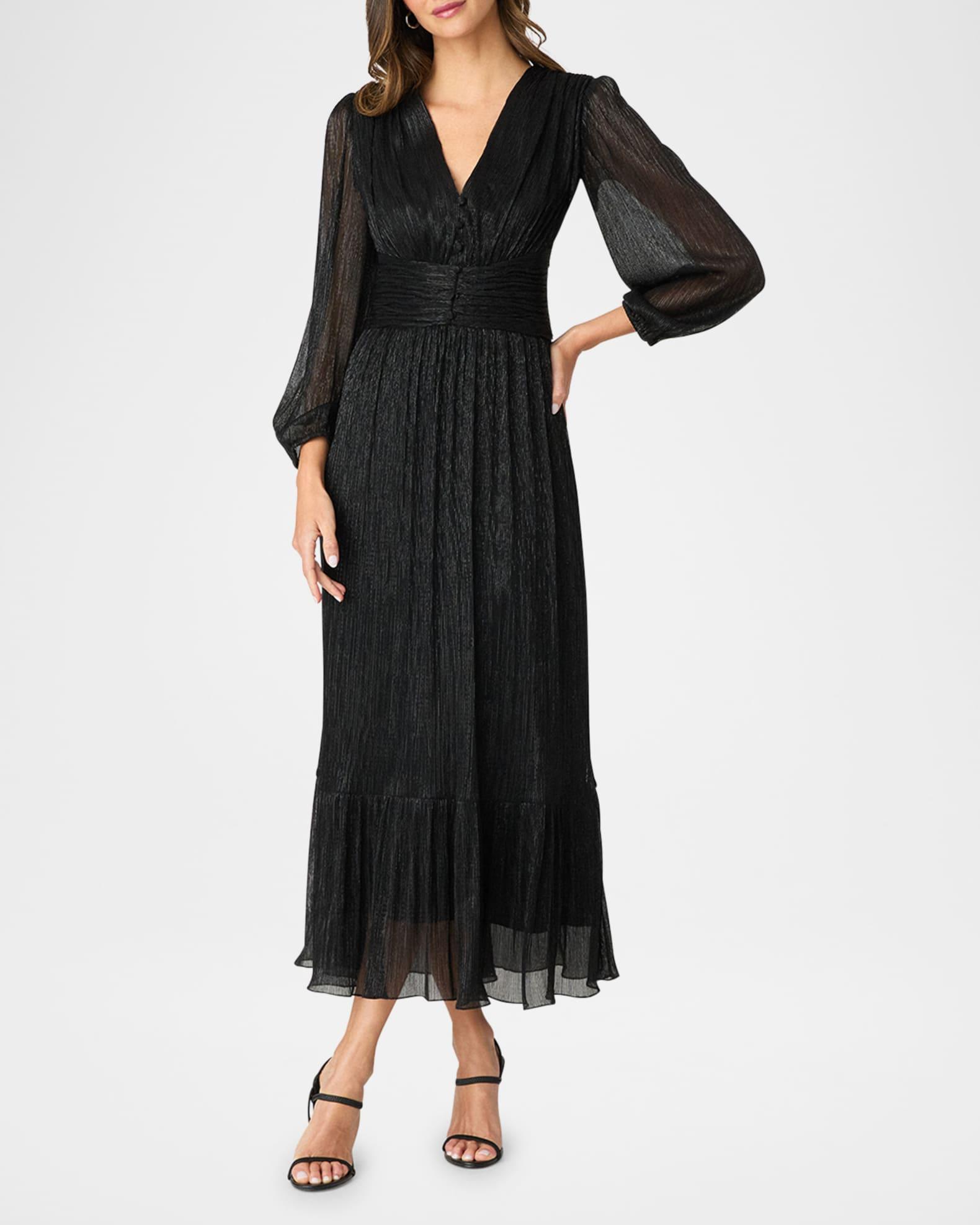 Clara Blouson-Sleeve Metallic Empire Midi Dress Product Image