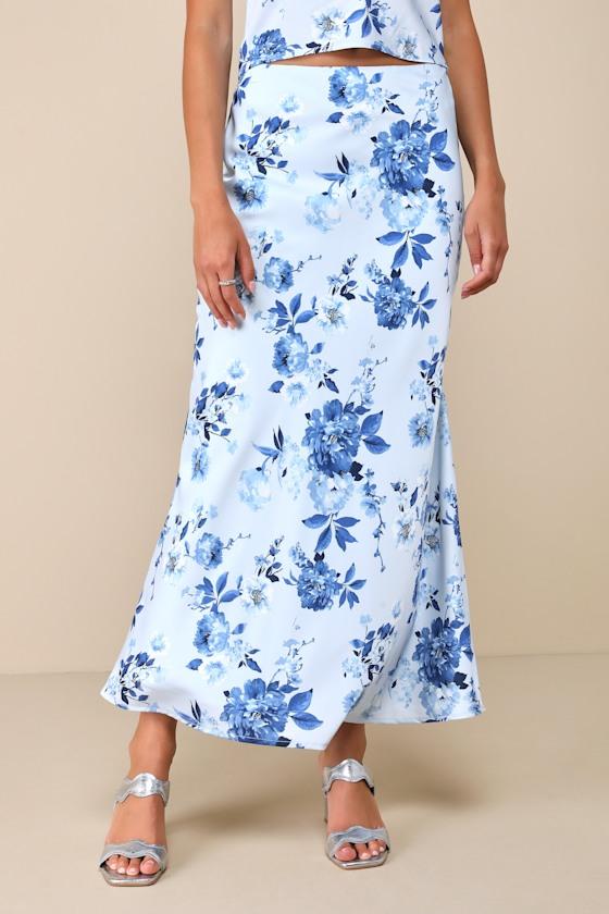Charming Excellence Light Blue Floral Satin Midi Skirt Product Image