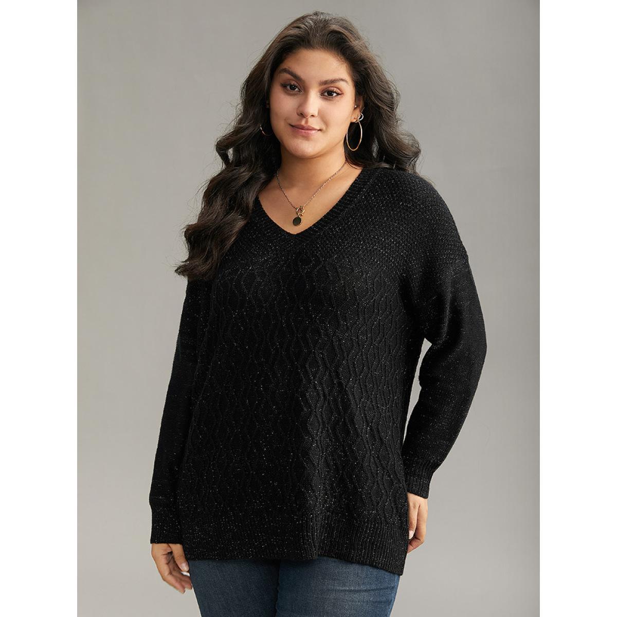 Plus Size Plain Sparkly V Neck Loose Pullover Black Women Casual Long Sleeve V-neck Everyday Pullovers BloomChic 10/M Product Image