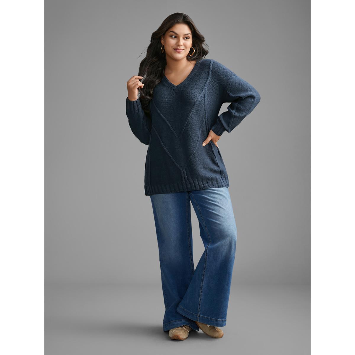 Plus Size V Neck Cable Knit Texture Pullover Midnight Women Leisure Loose Long Sleeve V-neck Casual Pullovers BloomChic 10/M Product Image