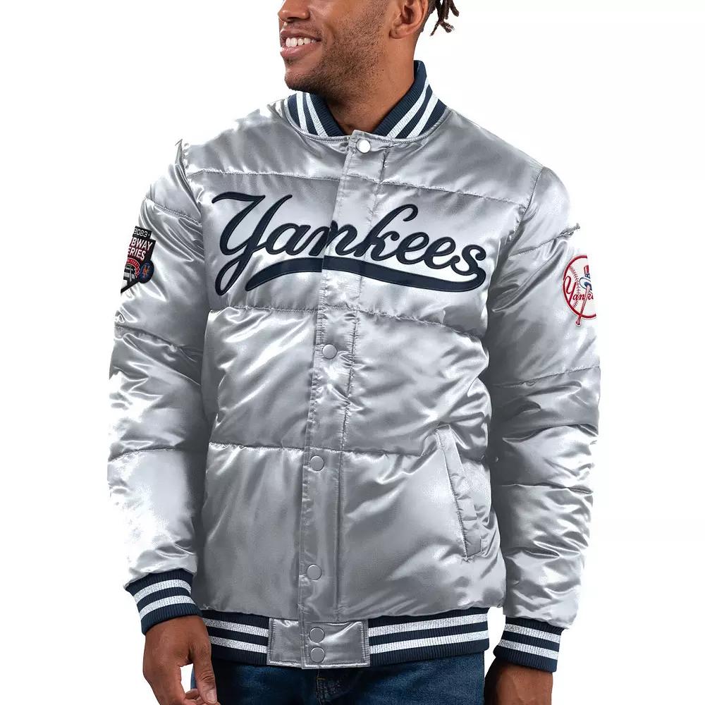 Men's Starter Silver New York Yankees Bronx Satin Full-Snap Varsity Bomber Jacket, Size: XXL Product Image
