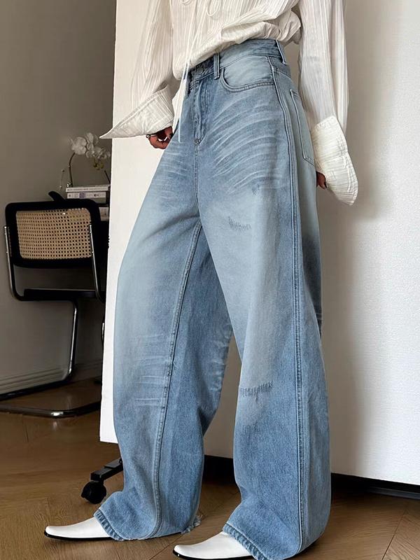 American Style Washed Scratches And Worn Out Boyfriend Jeans Product Image