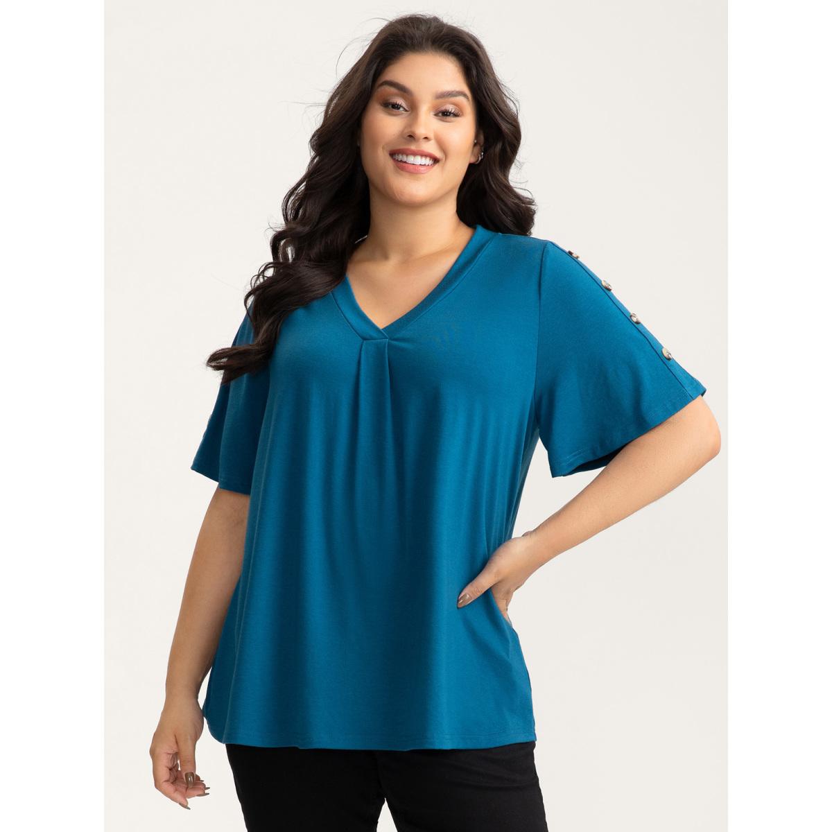 Plus Size Supersoft Bust-Friendly Pleated T-Shirt Aegean Women Leisure Button V-neck Casual T-shirts BloomChic 12/L Product Image